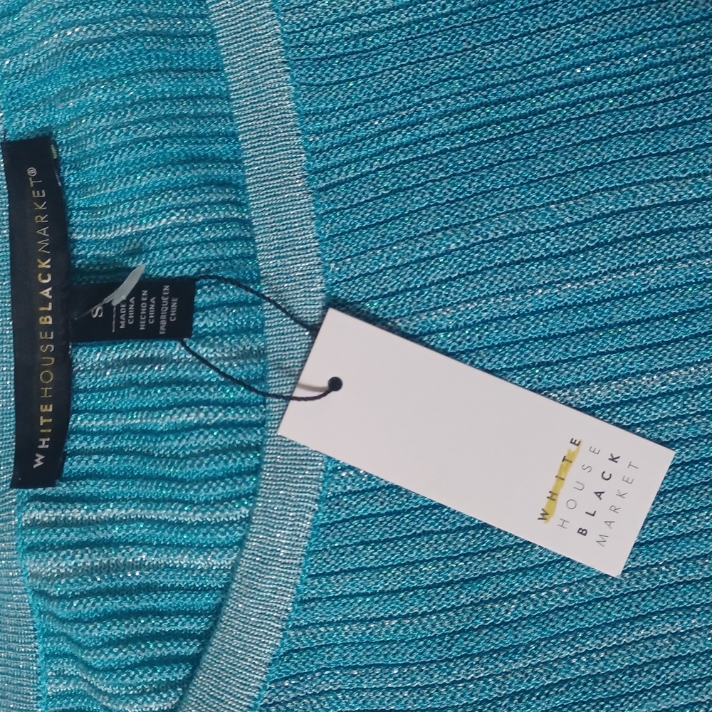 WHBM Turquoise and silver metalic ribbed short sleeve top. - Picture 2 of 5